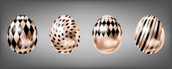 Four glance metallic eggs in pink color with black dots, rumb and stripes. Isolated objects for Easter decoration