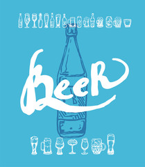 Set of beer objects. Hand drawn vector illustration. Vector set of craft beer bottles in ink hand drawn style.