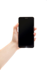 Hand Holding a Mobile Phone on a White Background