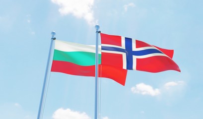 Norway and Bulgaria, two flags waving against blue sky. 3d image