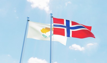 Norway and Cyprus, two flags waving against blue sky. 3d image