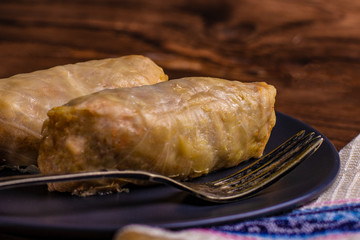Cabbage rolls with beef, rice and vegetables. Stuffed cabbage leaves with meat. Dolma, sarma, sarmale, golubtsy or golabki. horizontal