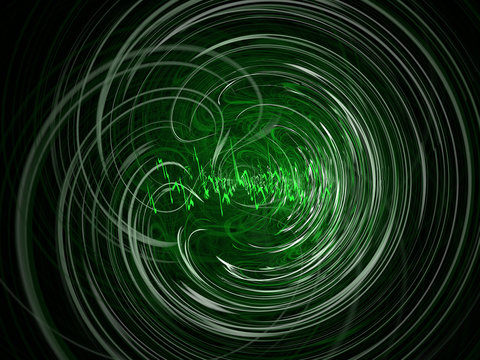 Illustration - Sound Waves, electric oscilloscope, jagged neon lines representing sound or pulse. Visualization of audio, abstract background image with curved circular glowing lines of energy.
