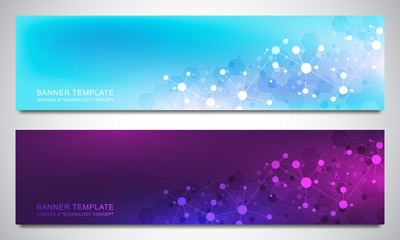 Banners design template with molecules background and neural network. Science and technology background of genetic engineering or laboratory research.