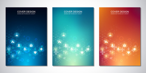 Vector templates for cover or brochure, with hexagons pattern and medical icons. Healthcare, science and technology concept.