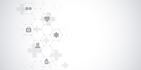 Healthcare medical and science background with icons and symbols. Innovation technology concept.