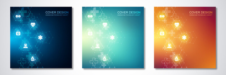 Square templates for cover or brochure, with hexagons pattern and medical icons. Healthcare, science and technology concept.