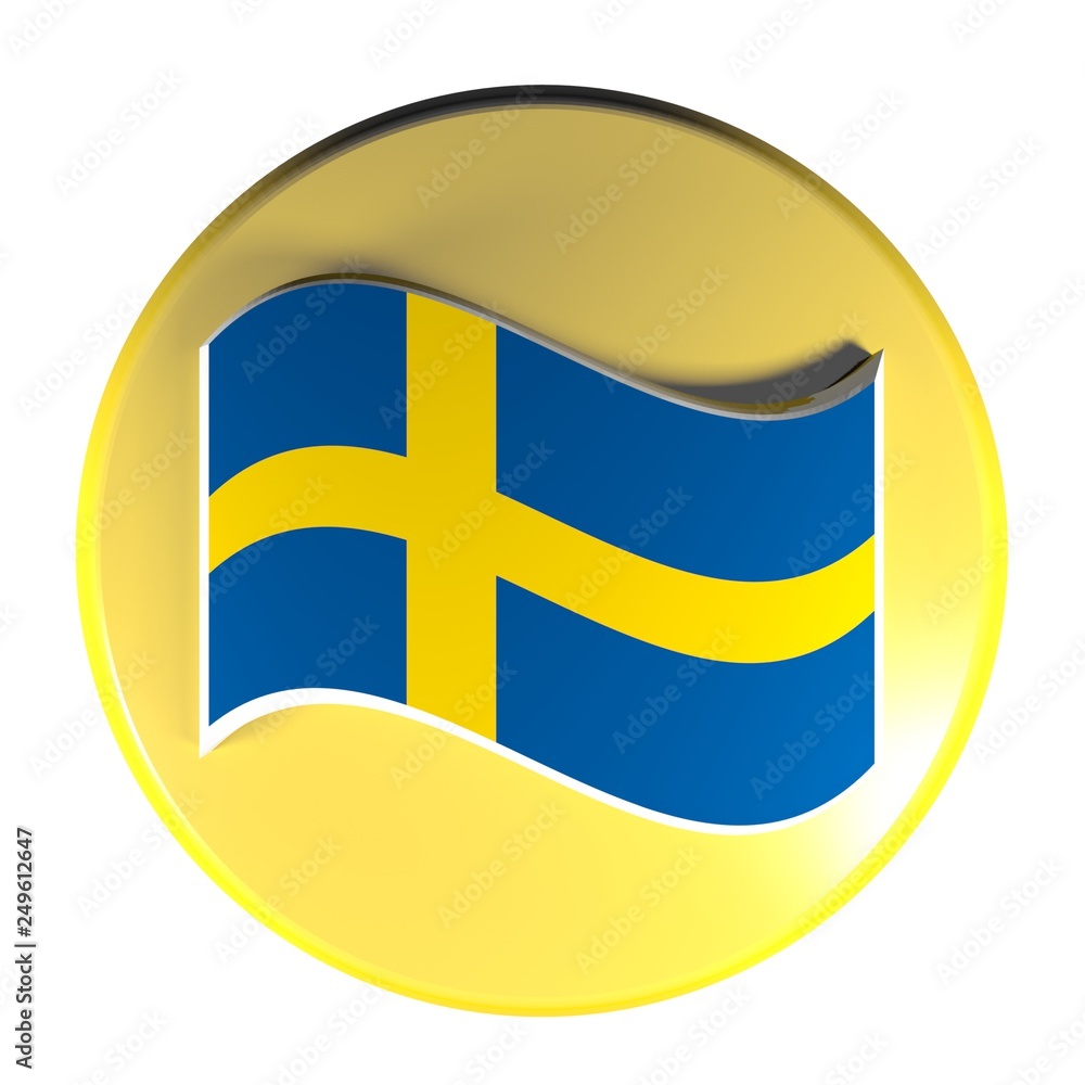 Poster yellow circle push button sweden flag - 3d rendering illustration