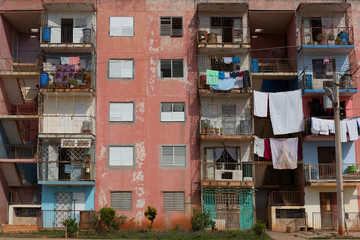 Fresh laundry on the balcony of old home, Havana, Cuba