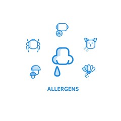 Allergy outline icons set with runny nose and various allergens around it isolated on white background.
