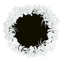 Vector stylish monochrome illustration of a floral frame augmented with dark background. Design element for floristry production, fashion, interiors, printed goods. Conceptual image.