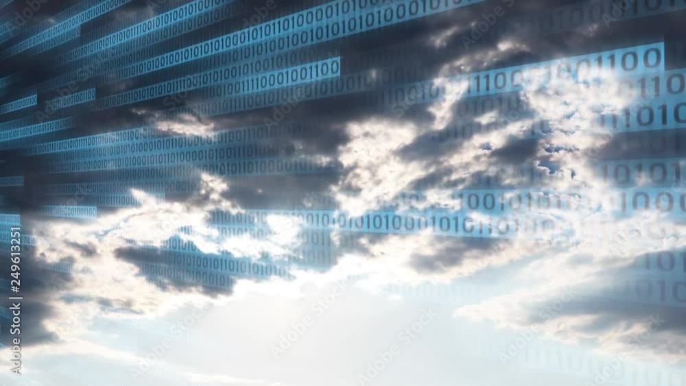 Poster artistic sky with clouds, sunshine and computer binary numbers motion background.