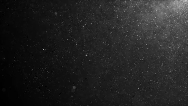 Natural organic dust particles floating on a black background. Glittering sparkling particles randomly rotate in the air with bokeh. White dynamic particles. Particles flickering in space