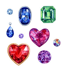 Faceted gems and crystals in a frame, watercolor painting on a white background isolated with clipping path.