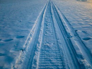 The Walk on a snowmobile through the snowdrifts of a distant forest.