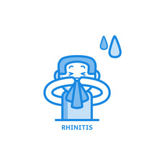 Young man with runny nose sneezing into handkerchief thin icon.