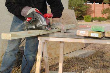 Circular Saw Cutting Wood Sawhorse