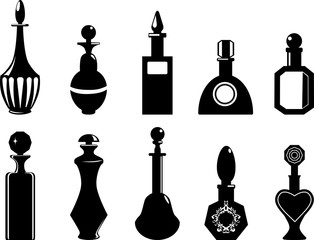 Set of bottles or vials, EPS 8 vector black silhouette illustration, no white objects