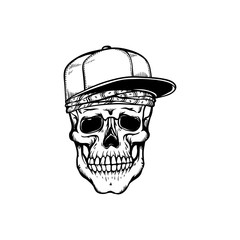 Human skull in hip-hop or rap style headwear - bandana and baseball cap in sketch style isolated on white background.