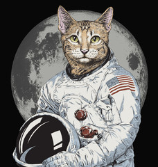 Hand drawn funny hipster cat astronaut vector illustration