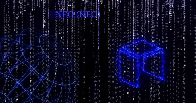 Glowing NEO (NEO) symbol against the falling binary code symbols