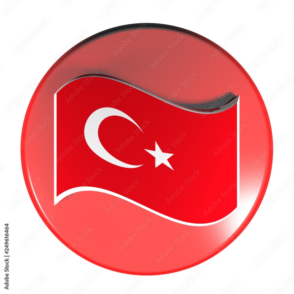 Poster red circle push button turkish flag - 3d rendering illustration