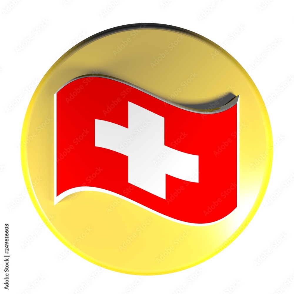 Poster yellow circle push button swiss flag - 3d rendering illustration