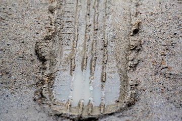 Car tire marks on wet soil after rain.