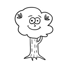 Cartoon doodle linear happy tree isolated on white background. Vector illustration.
