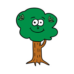 Cartoon doodle linear happy tree isolated on white background. Vector illustration.