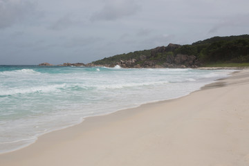 Panorama of coastline at La Dique island, Seychelles