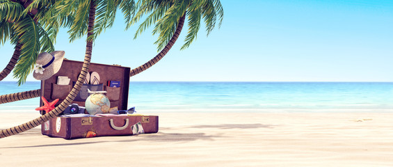 Getting ready for summer holidays - Leather suitcase under a palm tree 3D Rendering
