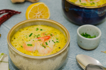 Tom Yum Goong - Thai hot and spicy soup with shrimp. Thai cuisine. Shrimp tom yum soup. Thai food 