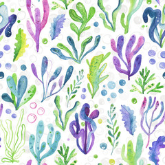 Watercolor Sea Life. Cute beautiful hand drawn  water color seamless pattern background with seaweed and sae plants.
