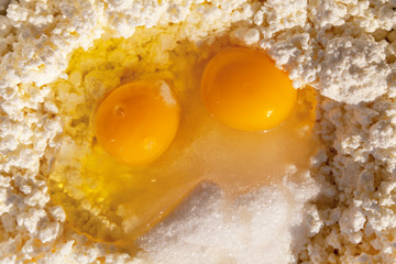 Ingredients for making cheesecakes: cottage cheese, egg, sugar