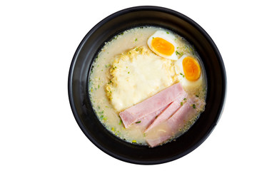 Ham cheese noodle with boiled egg close up.  Isolated on white background.