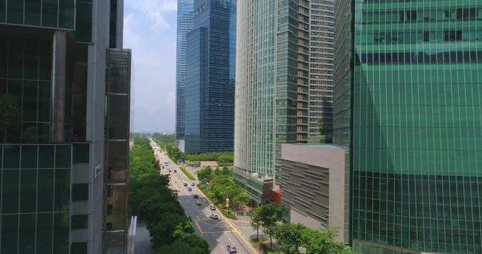 Aerial footage Street in the business center of Singapore
