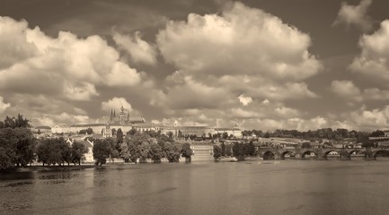 Fototapeta premium Czech Republic. City of Prague. Beautiful view of Prague's bridges from the hill. Beautiful view of Prague. Black & white.