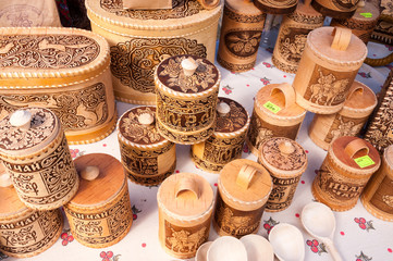 Russia, Khabarovsk, August 18, 2018: birch bark dishes for honey