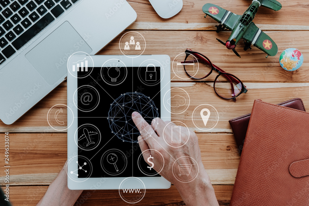 Poster man hands using digital tablet with virtual diagram icon.top view,flat lay.