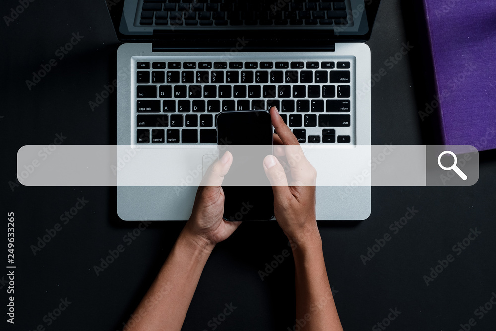 Poster searching browsing internet data information networking concept, man working with smartphone backgro
