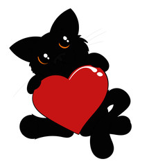 Cute Black Cat with Red Heart
