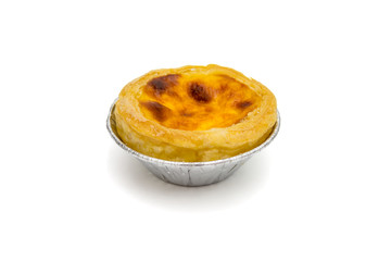 egg tart in aluminum foil cup isolated on white background