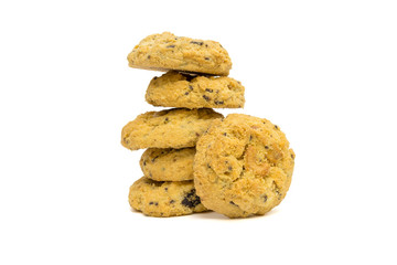 butter cookies with cashew nuts at eye level. isolated on white background