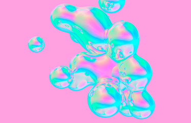 3D rendering. Abstract holographic floating liquid blobs, soap bubbles, metaballs.