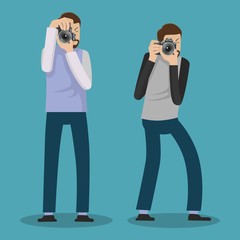 Photographer character takes photo. vector illustration