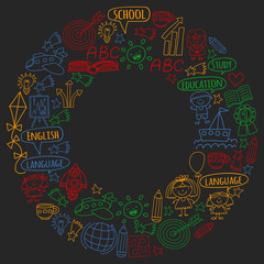 Vector set of learning English language, children's drawing icons in doodle style. Painted, colorful, pictures on a piece of paper on blackboard.