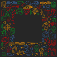 Vector set of learning English language, children's drawing icons in doodle style. Painted, colorful, pictures on a piece of paper on blackboard.