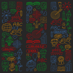 Vector set of learning English language, children's drawing icons in doodle style. Painted, colorful, pictures on a piece of paper on blackboard.