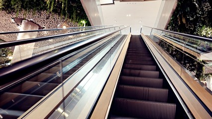 Shopping Mall Interior with Empty Escalators and No People Around. Modern Staircase Escalators and Fashion Shops Image.